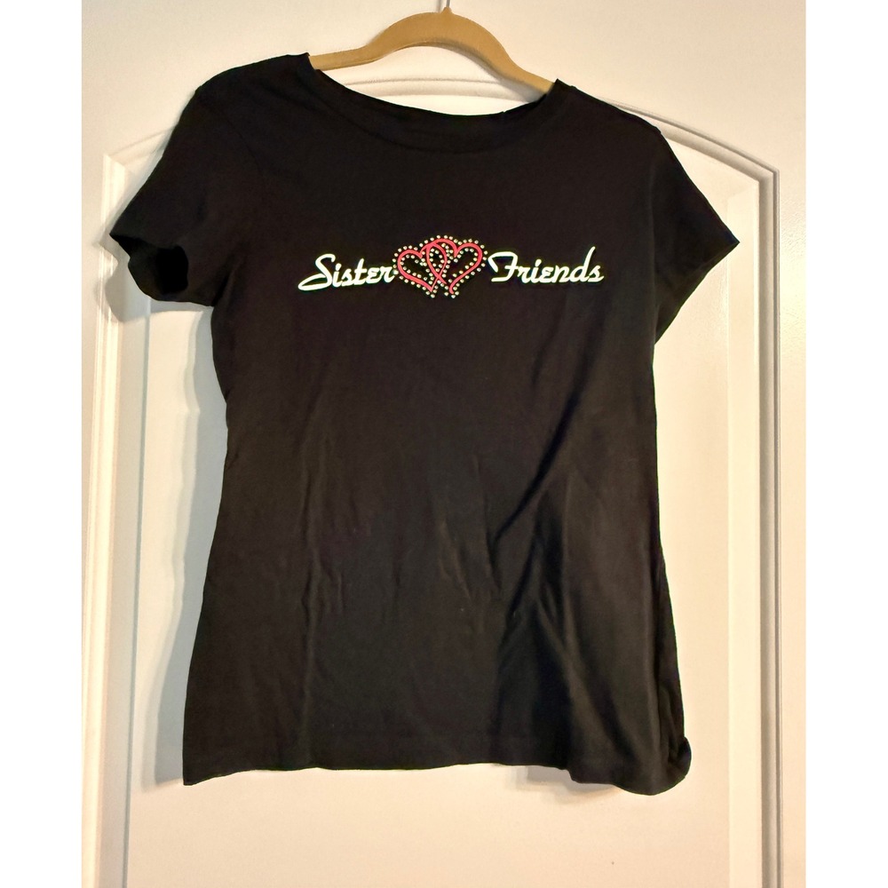 District Made T-Shirt Small Black Sister Friends Rhinestone Heart Tee Casual BFF